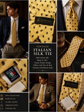 Vintage Italian Silk Tie Yellow Paisley Necktie Old Money Preppy Y2K Business